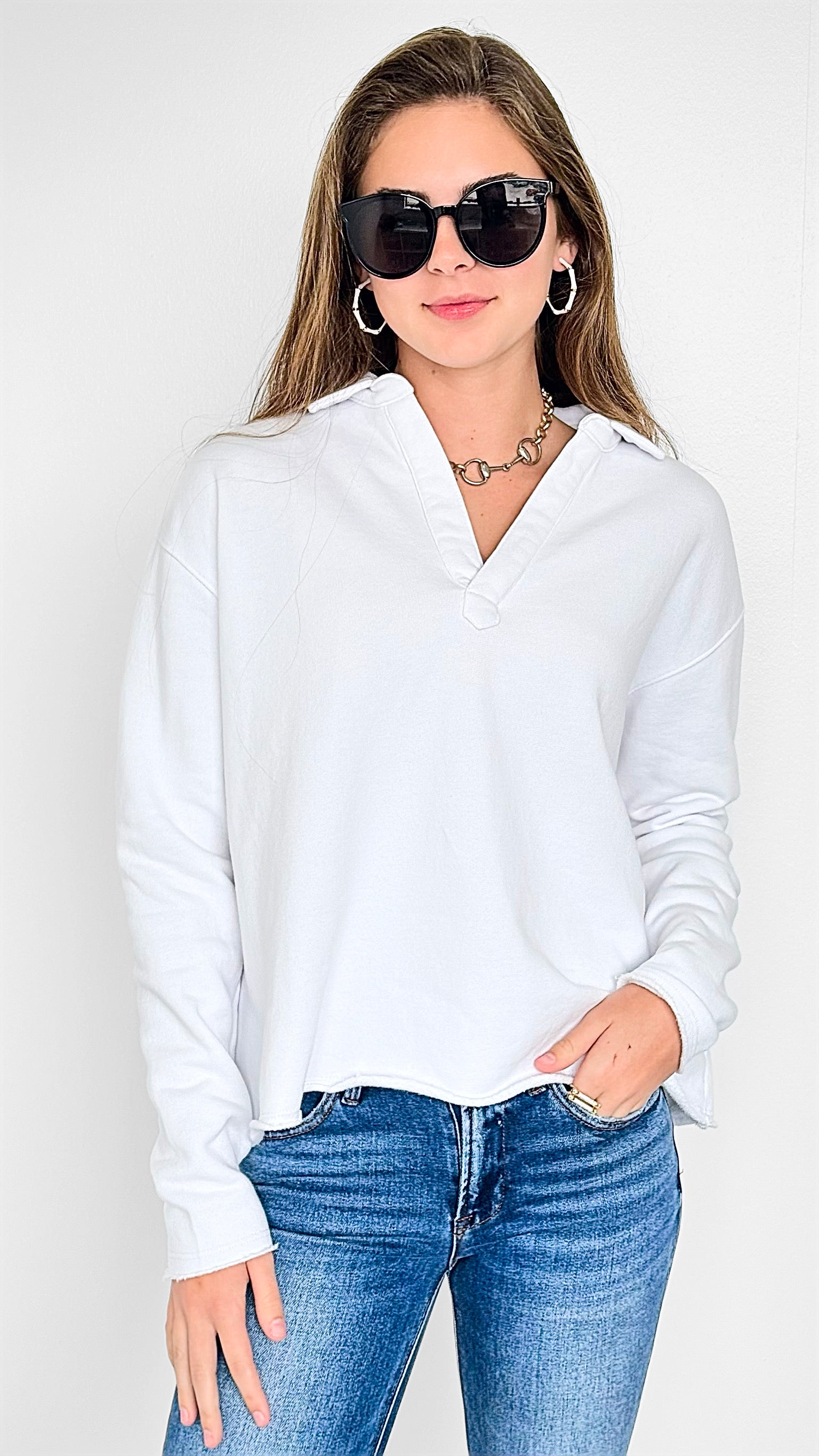 Cozy Lounge Collar Pullover Top - White-110 Long Sleeve Tops-Mono B-Coastal Bloom Boutique, find the trendiest versions of the popular styles and looks Located in Indialantic, FL