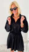 City Sweetheart Drawstring Waist Shirt Dress - Black-200 dresses/jumpsuits/rompers-HYFVE-Coastal Bloom Boutique, find the trendiest versions of the popular styles and looks Located in Indialantic, FL