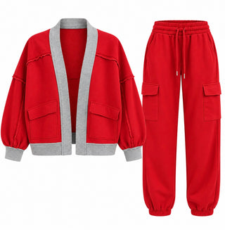 Contrast Trim Jogger Set - Red