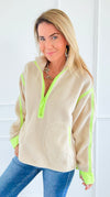 Glow Getter Sherpa Zip Sweatshirt - Oatmeal/Neon Green