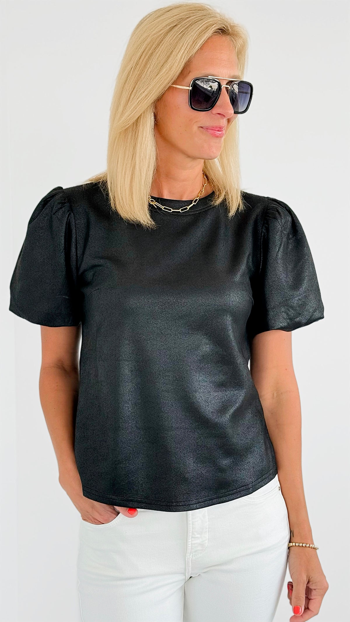 Puff Sleeves Vegan Leather Top-Black-110 Short Sleeve Tops-VOY-Coastal Bloom Boutique, find the trendiest versions of the popular styles and looks Located in Indialantic, FL