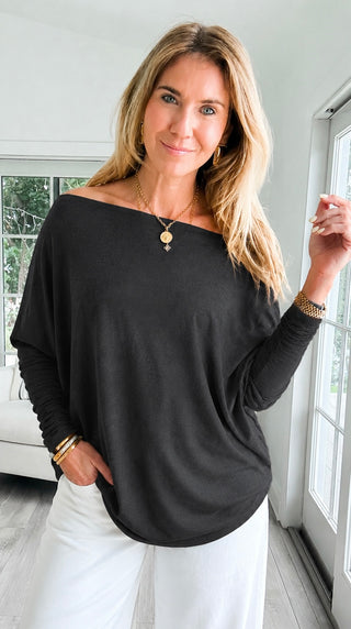 Ruched Sleeve Boat Neck Dolman Top - Black