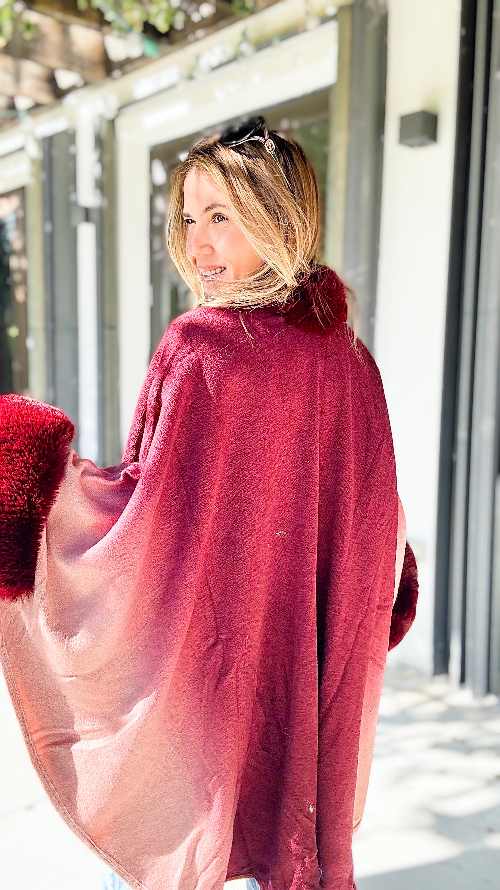 Glass of Wine Faux Fur Trim Ombre Cape-150 Cardigans/Layers-On Blue-Coastal Bloom Boutique, find the trendiest versions of the popular styles and looks Located in Indialantic, FL