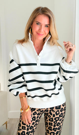 Striped Snap Sweater -  White/Black