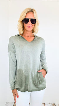 Hoodie V-Neck Italian Sweatshirt Top - Olive-130 Long Sleeve Tops-Tempo-Coastal Bloom Boutique, find the trendiest versions of the popular styles and looks Located in Indialantic, FL