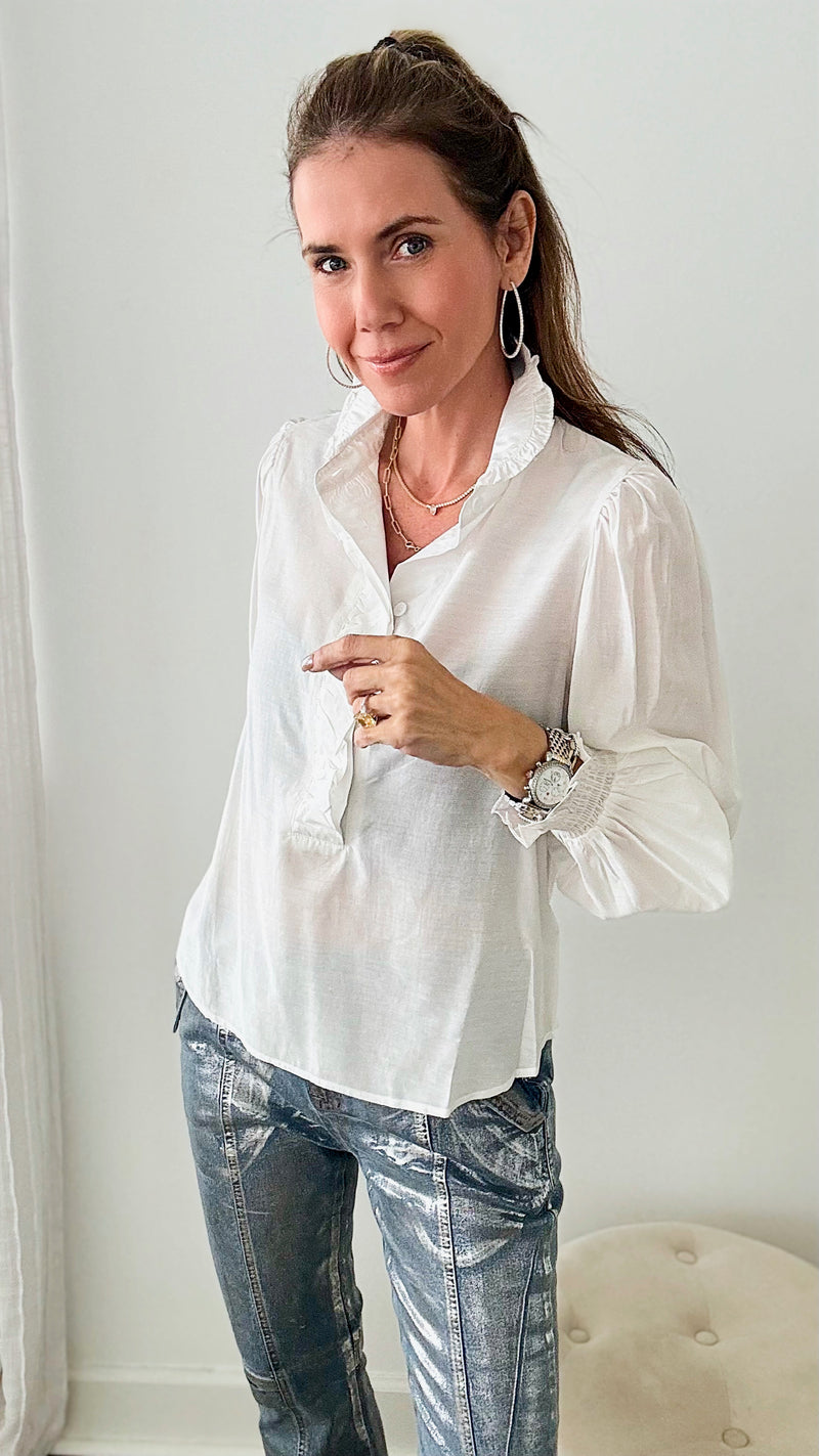 Ruffled Up Collar Button Down Poplin Blouse - White-130 Long Sleeve Tops-&MERCI-Coastal Bloom Boutique, find the trendiest versions of the popular styles and looks Located in Indialantic, FL