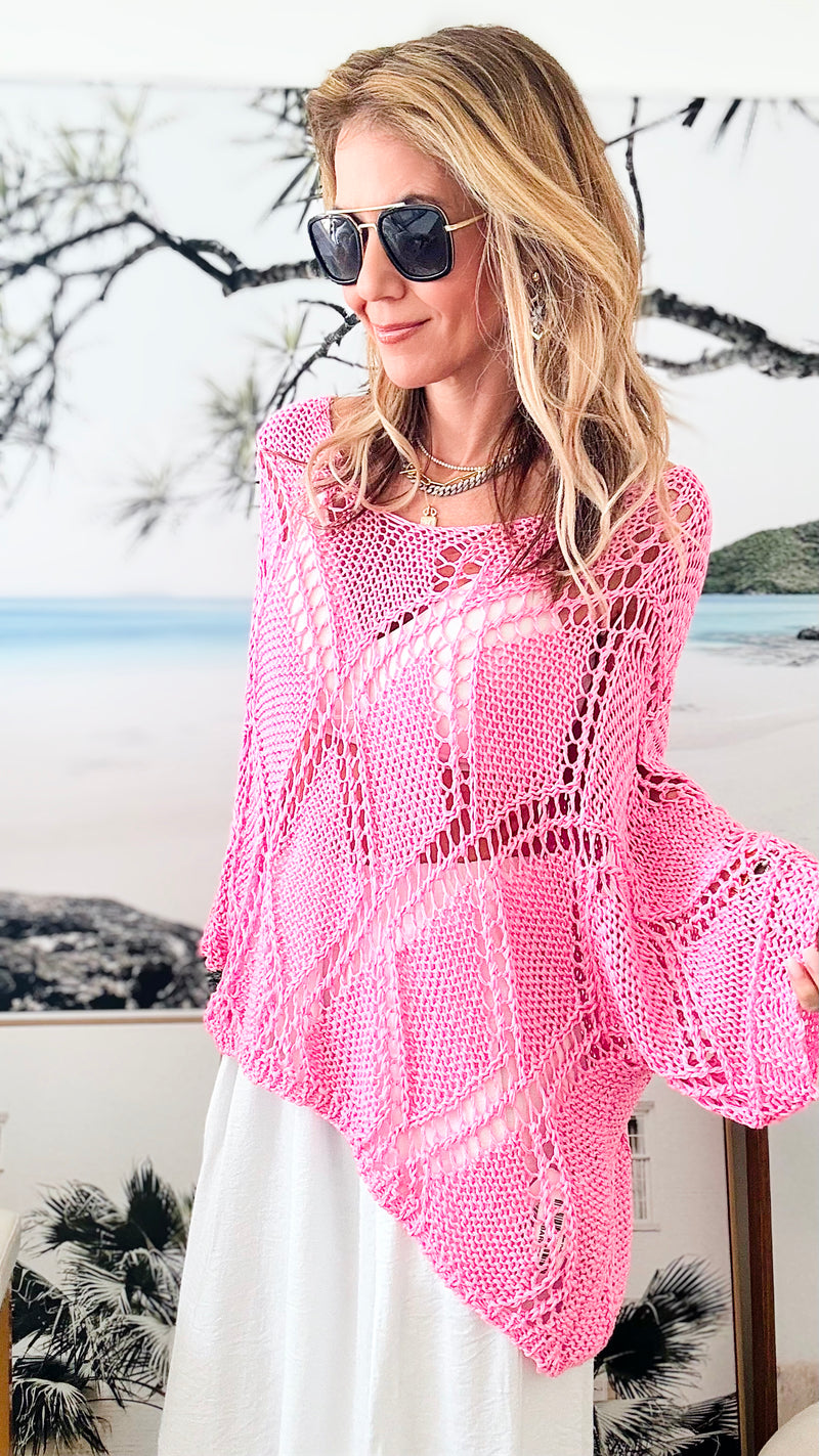 Diamond Crochet Italian Pullover - Barbie Pink-140 Sweaters-Germany-Coastal Bloom Boutique, find the trendiest versions of the popular styles and looks Located in Indialantic, FL