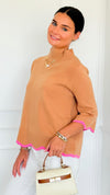 Waves & Whimsy Scallop Sweater - Camel/Pink-140 Sweaters-Fate Inc-Coastal Bloom Boutique, find the trendiest versions of the popular styles and looks Located in Indialantic, FL