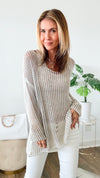 Relaxed Italian Crochet Top - Beige-130 Long Sleeve Tops-V6-Coastal Bloom Boutique, find the trendiest versions of the popular styles and looks Located in Indialantic, FL