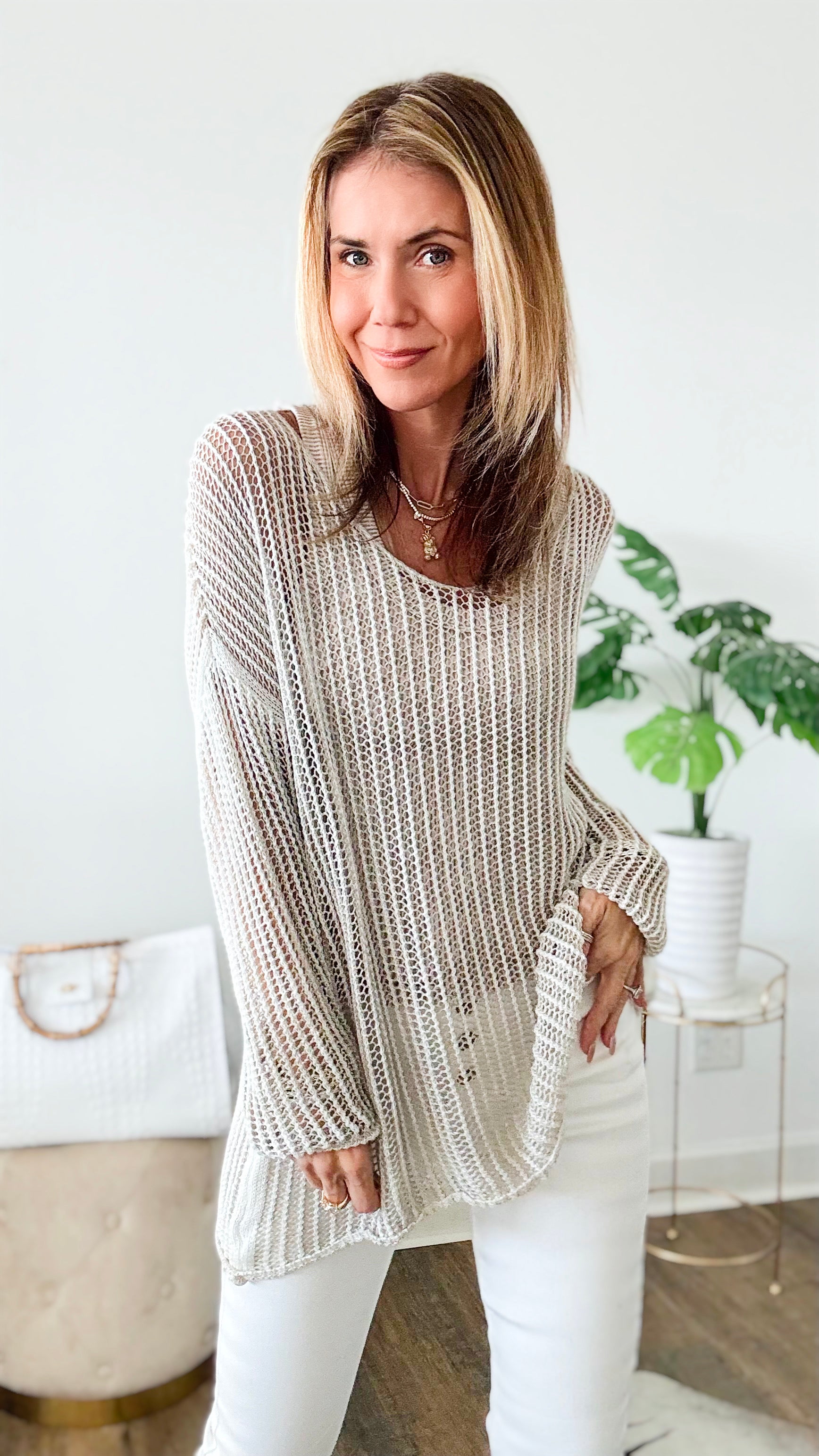 Relaxed Italian Crochet Top - Beige-130 Long Sleeve Tops-V6-Coastal Bloom Boutique, find the trendiest versions of the popular styles and looks Located in Indialantic, FL