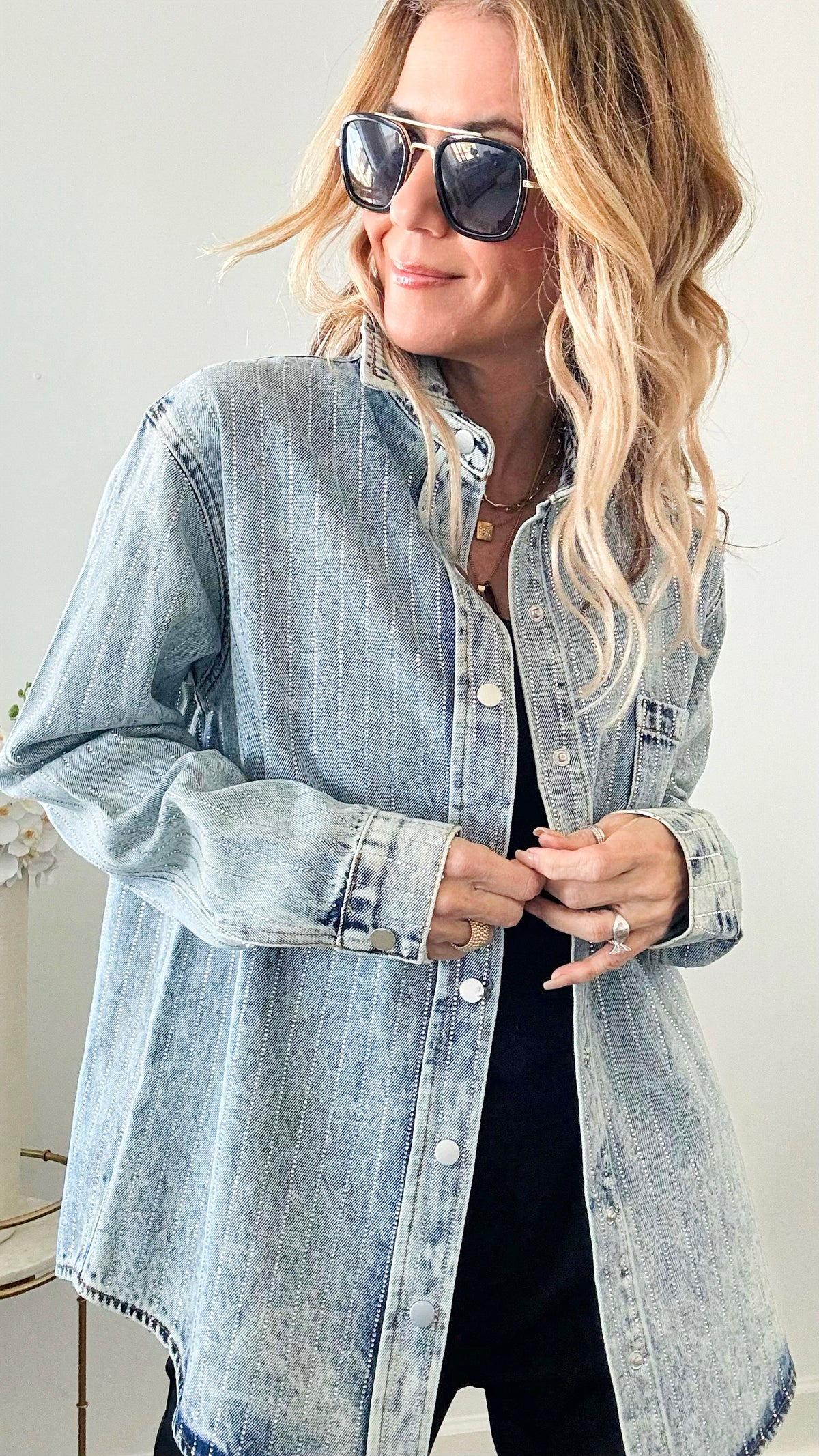 Embellished Rhinestone Striped Denim Jacket-160 Jackets-Rousseau-Coastal Bloom Boutique, find the trendiest versions of the popular styles and looks Located in Indialantic, FL