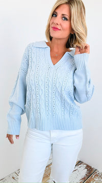 Spring Blue Crochet Collared Sweater-140 Sweaters-Rousseau-Coastal Bloom Boutique, find the trendiest versions of the popular styles and looks Located in Indialantic, FL