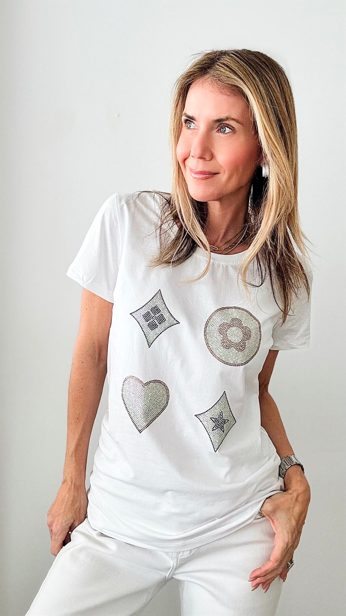 Clover & Heart Sequin Embellished Graphic Top - White-110 Short Sleeve Tops-IN2YOU-Coastal Bloom Boutique, find the trendiest versions of the popular styles and looks Located in Indialantic, FL