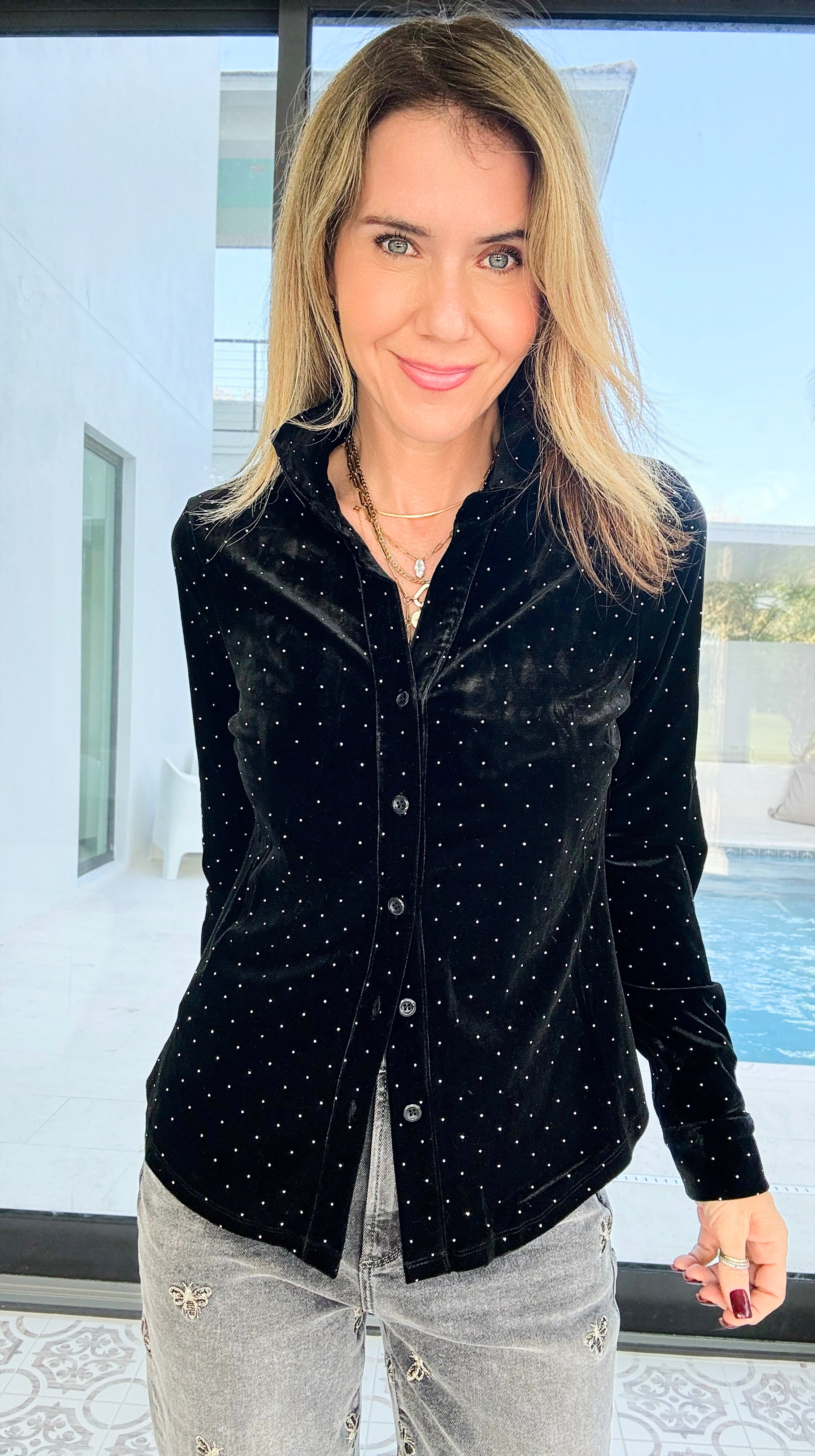 Midnight Stardust Velvet Blouse-130 Long Sleeve Tops-Must Have-Coastal Bloom Boutique, find the trendiest versions of the popular styles and looks Located in Indialantic, FL