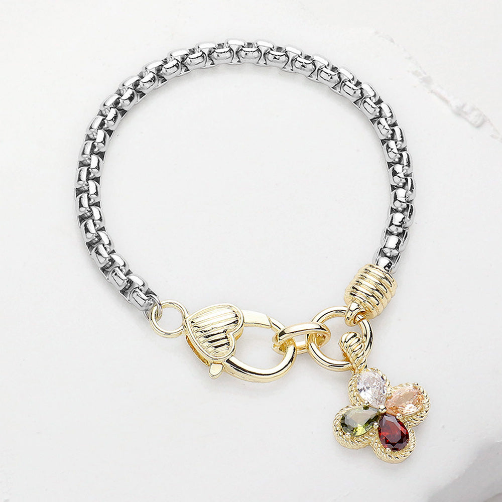 Two Tone CZ Clover Charm Bracelet - Colorful-230 Jewelry-NYW-Coastal Bloom Boutique, find the trendiest versions of the popular styles and looks Located in Indialantic, FL