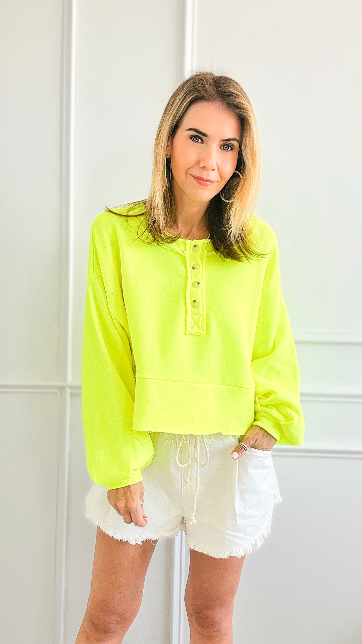 Button-up Crop Long Sleeves Top - Neon Yellow-130 Long Sleeve Tops-BucketList-Coastal Bloom Boutique, find the trendiest versions of the popular styles and looks Located in Indialantic, FL