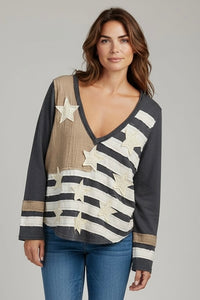 Heritage Patch V-Neck Top-110 Long Sleeve Tops-POL-Coastal Bloom Boutique, find the trendiest versions of the popular styles and looks Located in Indialantic, FL