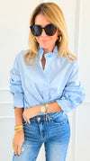 Sophia Ruffled Italian Shirt- Sky Blue-110 Long Sleeve Tops-TATTOO Z-Coastal Bloom Boutique, find the trendiest versions of the popular styles and looks Located in Indialantic, FL