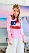 Embroidered Detailed Flag Knit Sweater-Cherry Pink-140 Sweaters-Miracle-Coastal Bloom Boutique, find the trendiest versions of the popular styles and looks Located in Indialantic, FL