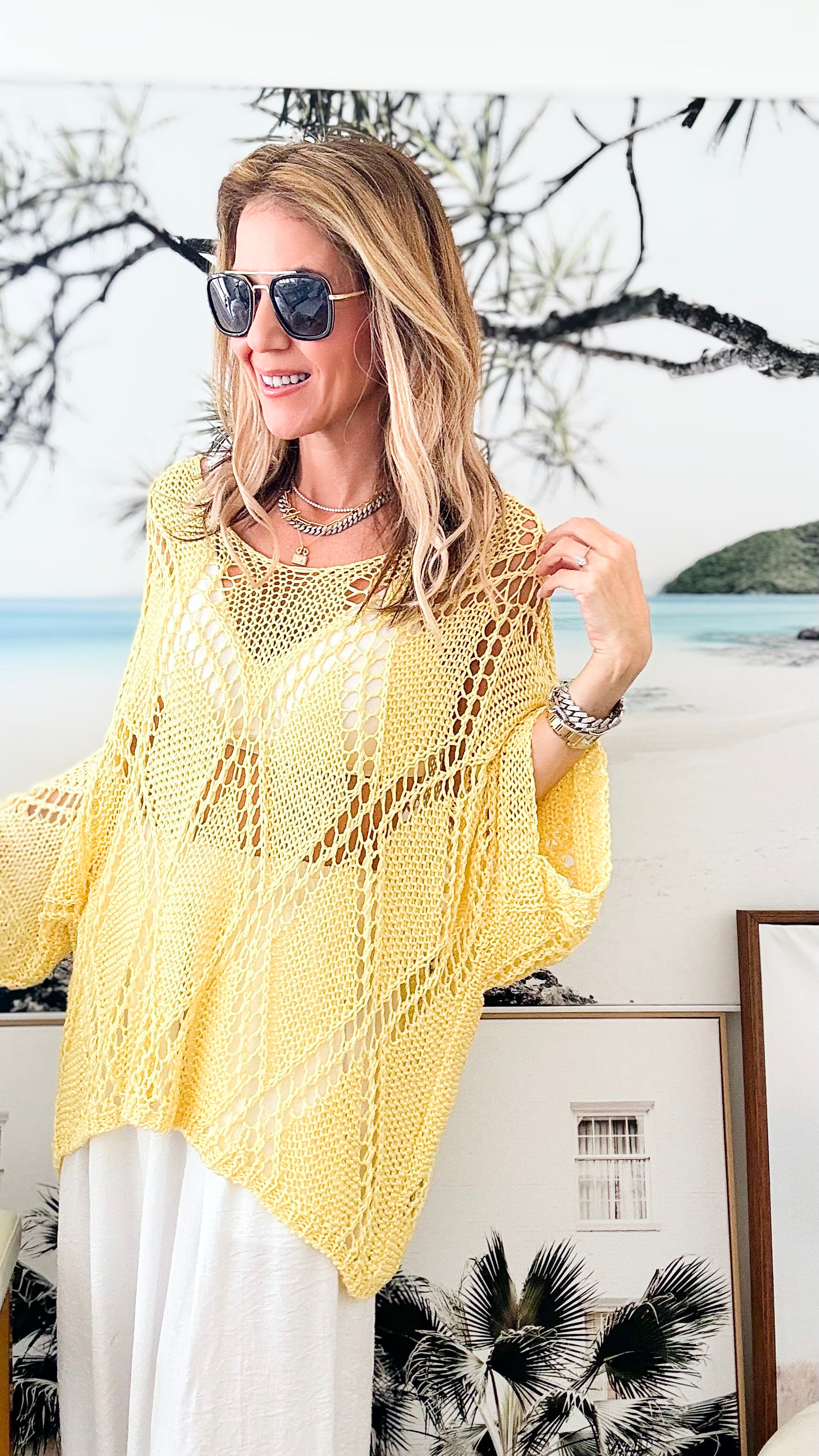 Diamond Crochet Italian Pullover - Light Yellow-140 Sweaters-Germany-Coastal Bloom Boutique, find the trendiest versions of the popular styles and looks Located in Indialantic, FL
