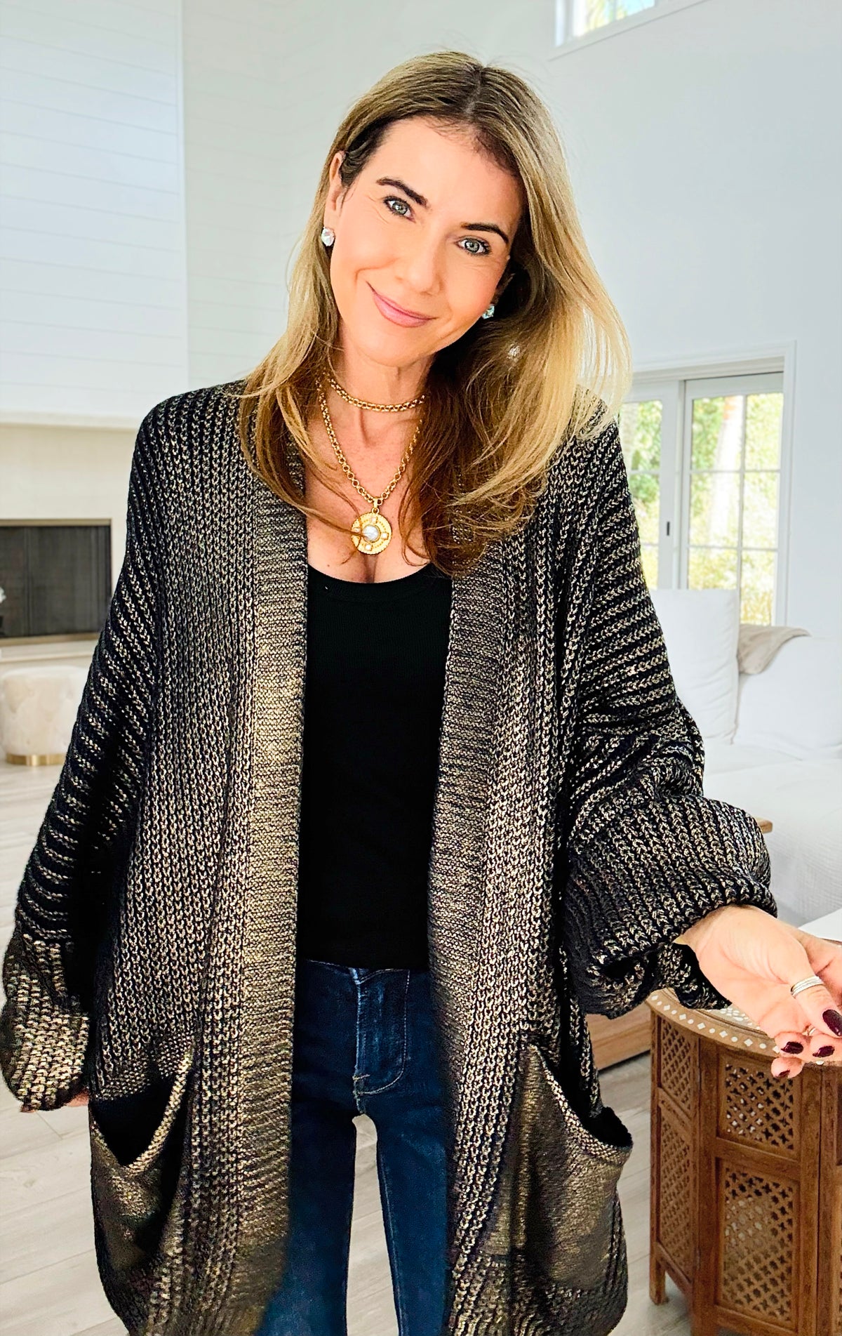 Mirrored Metallic Sugar High Italian Cardigan- Black/ Gold-150 Cardigan Layers-Italianissimo-Coastal Bloom Boutique, find the trendiest versions of the popular styles and looks Located in Indialantic, FL