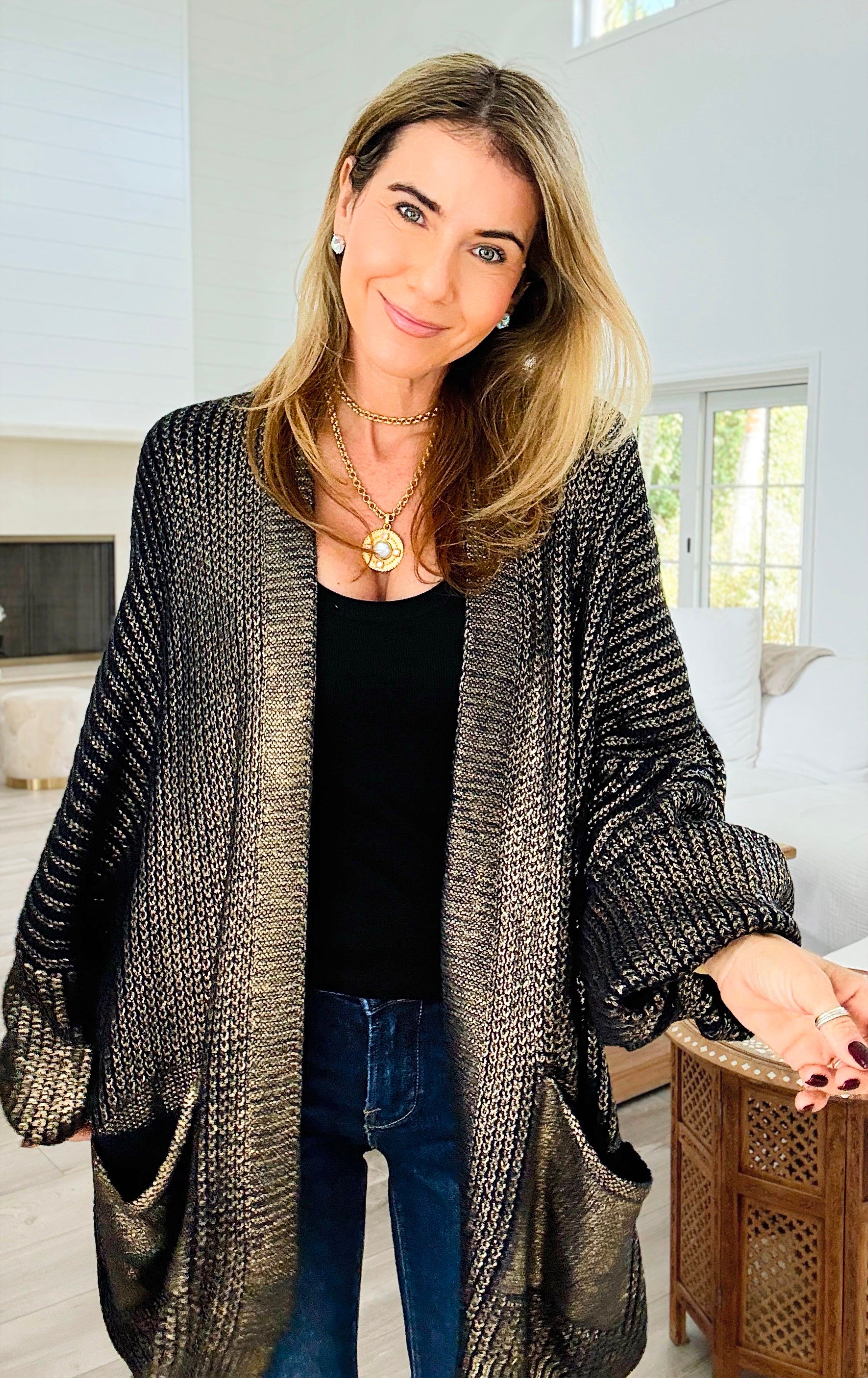 Mirrored Metallic Sugar High Italian Cardigan- Black/ Gold-150 Cardigan Layers-Italianissimo-Coastal Bloom Boutique, find the trendiest versions of the popular styles and looks Located in Indialantic, FL