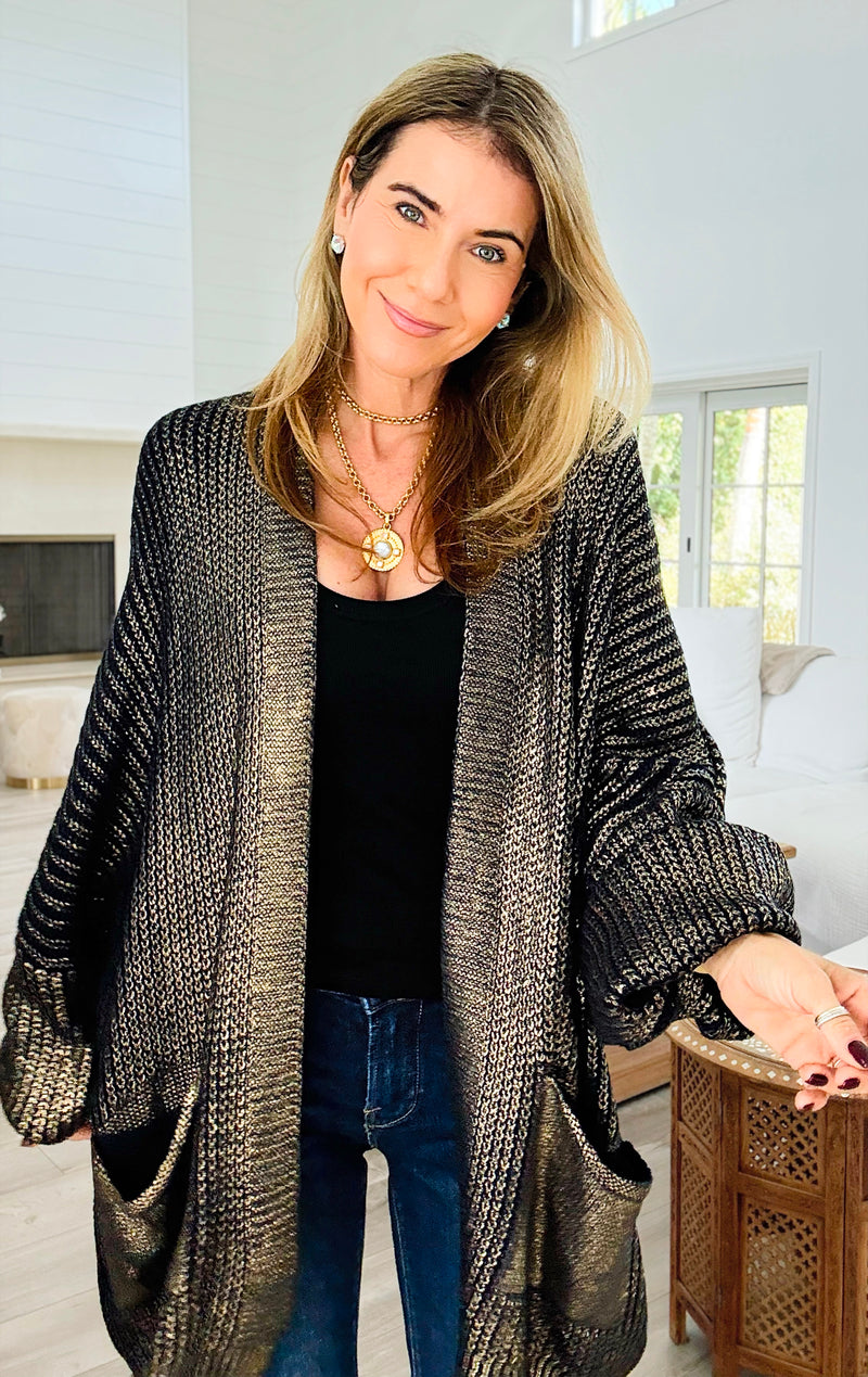 Mirrored Metallic Sugar High Italian Cardigan- Black/ Gold-150 Cardigan Layers-Italianissimo-Coastal Bloom Boutique, find the trendiest versions of the popular styles and looks Located in Indialantic, FL