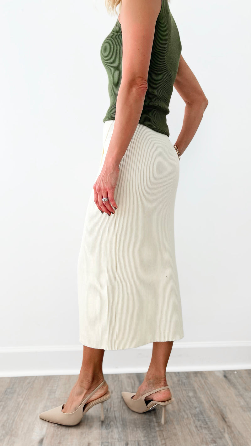 Lovely Moves Ribbed Wrap Sweater Midi Skirt - Cream-170 Bottoms-HYFVE-Coastal Bloom Boutique, find the trendiest versions of the popular styles and looks Located in Indialantic, FL