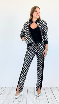 Checkered Sequin Jacket and Pants Set -Silver-210 Loungewear/Sets-Rousseau-Coastal Bloom Boutique, find the trendiest versions of the popular styles and looks Located in Indialantic, FL