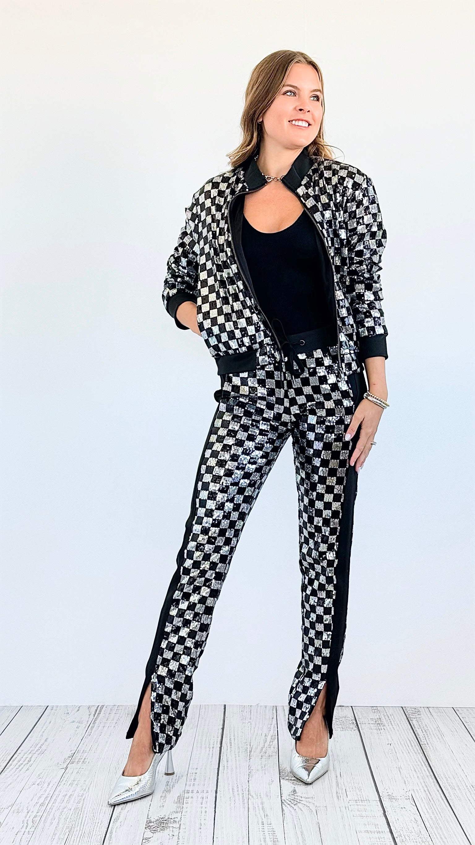 Checkered Sequin Jacket and Pants Set -Silver-210 Loungewear/Sets-Rousseau-Coastal Bloom Boutique, find the trendiest versions of the popular styles and looks Located in Indialantic, FL