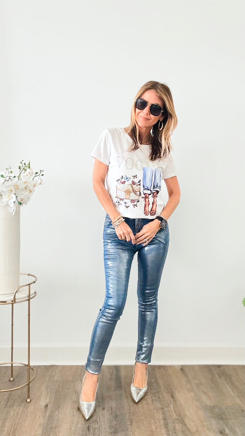 Silver Foil Printed Skinny Jeans - Silver-170 Bottoms-Vibrant M.i.U-Coastal Bloom Boutique, find the trendiest versions of the popular styles and looks Located in Indialantic, FL
