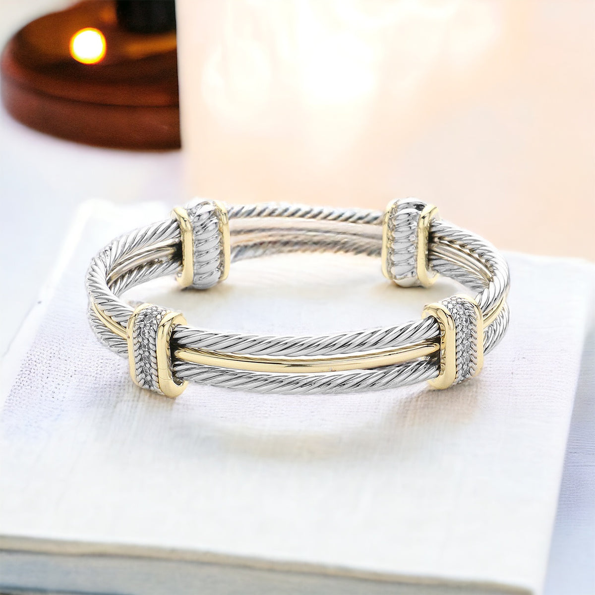CZ Two Tone Rope Cuff Bracelet-230 Jewelry-NYW-Coastal Bloom Boutique, find the trendiest versions of the popular styles and looks Located in Indialantic, FL