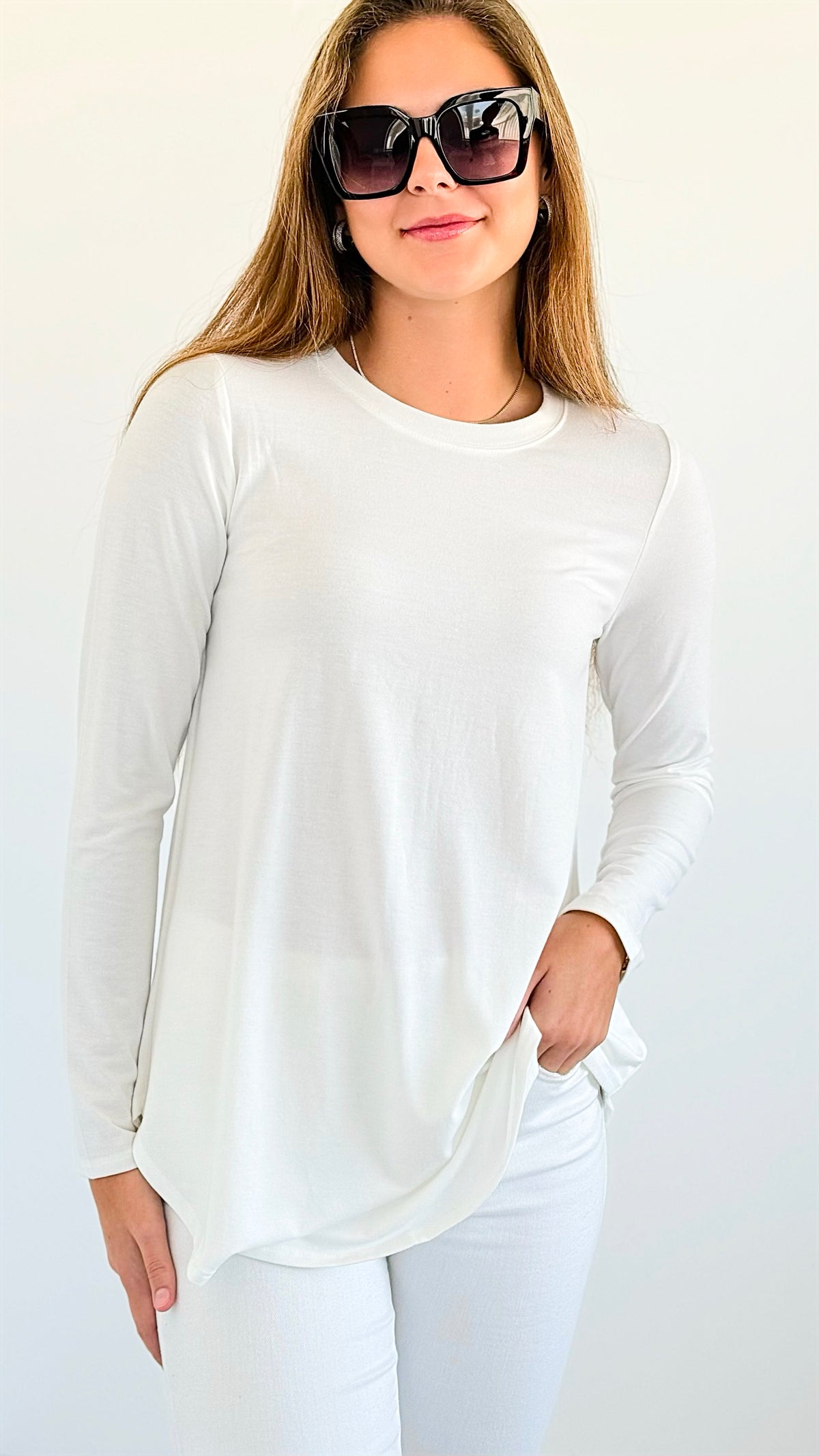 Long Sleeves Round Neck Top - Off White-130 Long Sleeve Tops-Zenana-Coastal Bloom Boutique, find the trendiest versions of the popular styles and looks Located in Indialantic, FL