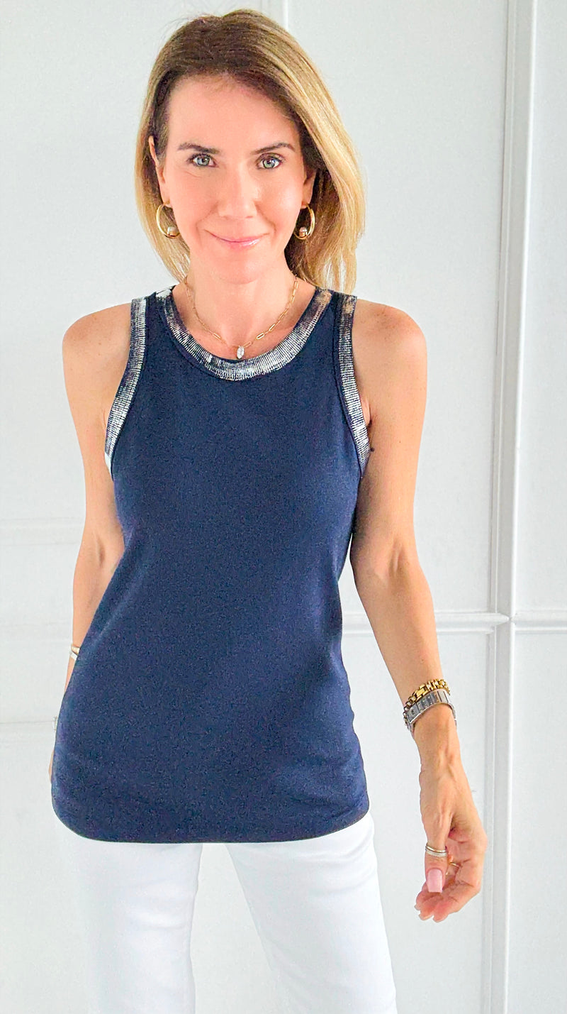 Metallic Foil Detailed Ribbed Italian Tank- Silver/Navy-100 Sleeveless Tops-Italianissimo-Coastal Bloom Boutique, find the trendiest versions of the popular styles and looks Located in Indialantic, FL