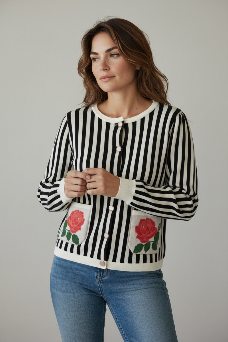 Midnight Rose Stripe Cardigan-150 Cardigans/Layers-JODIFL-Coastal Bloom Boutique, find the trendiest versions of the popular styles and looks Located in Indialantic, FL