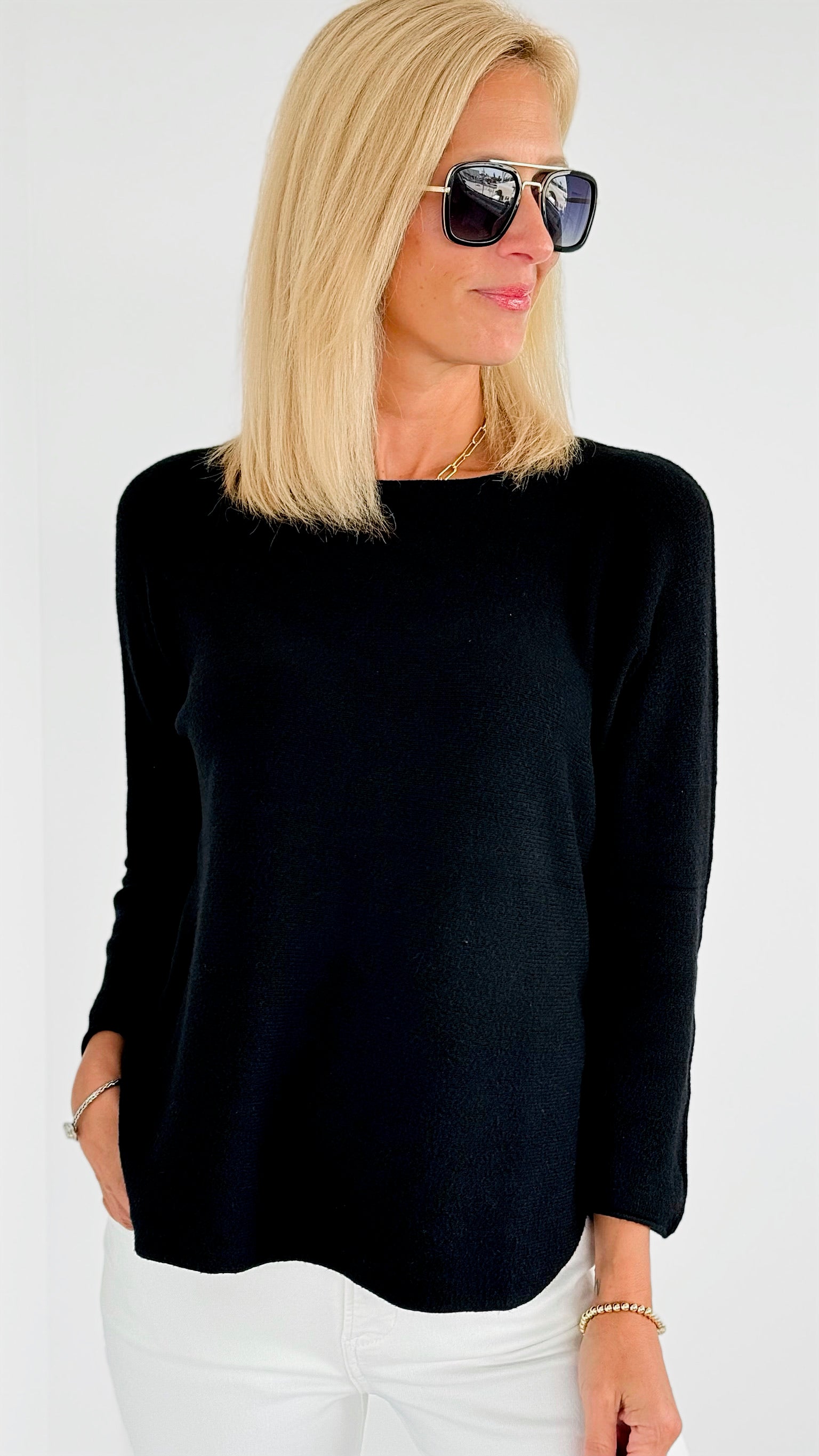 Soho Italian Boatneck Pullover - Black-140 Sweaters-Italianissimo-Coastal Bloom Boutique, find the trendiest versions of the popular styles and looks Located in Indialantic, FL