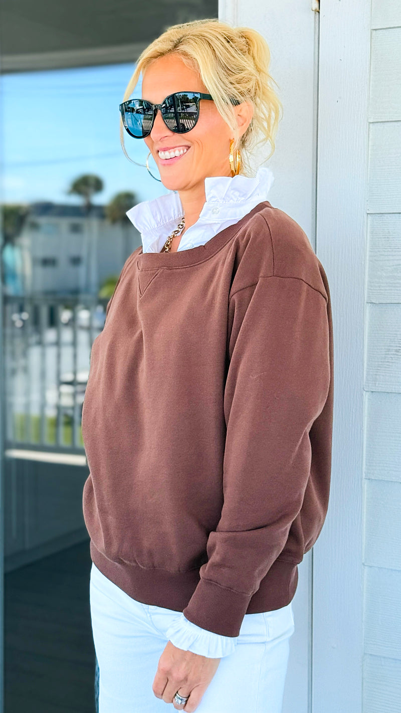 Off-Duty Boatneck Fleece Sweatshirt - Brown-110 Long Sleeve Tops-Zenana-Coastal Bloom Boutique, find the trendiest versions of the popular styles and looks Located in Indialantic, FL