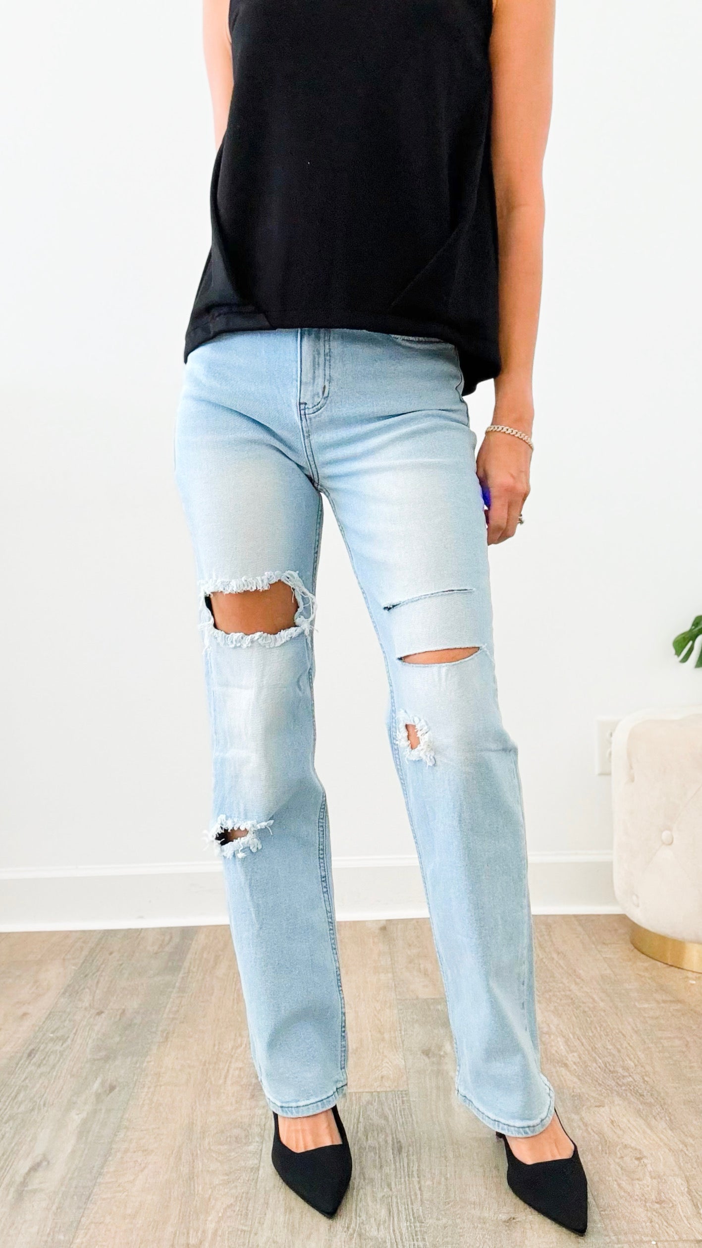 High Waisted Distress Wide Leg- Light Stone-190 Denim-Vibrant M.i.U-Coastal Bloom Boutique, find the trendiest versions of the popular styles and looks Located in Indialantic, FL
