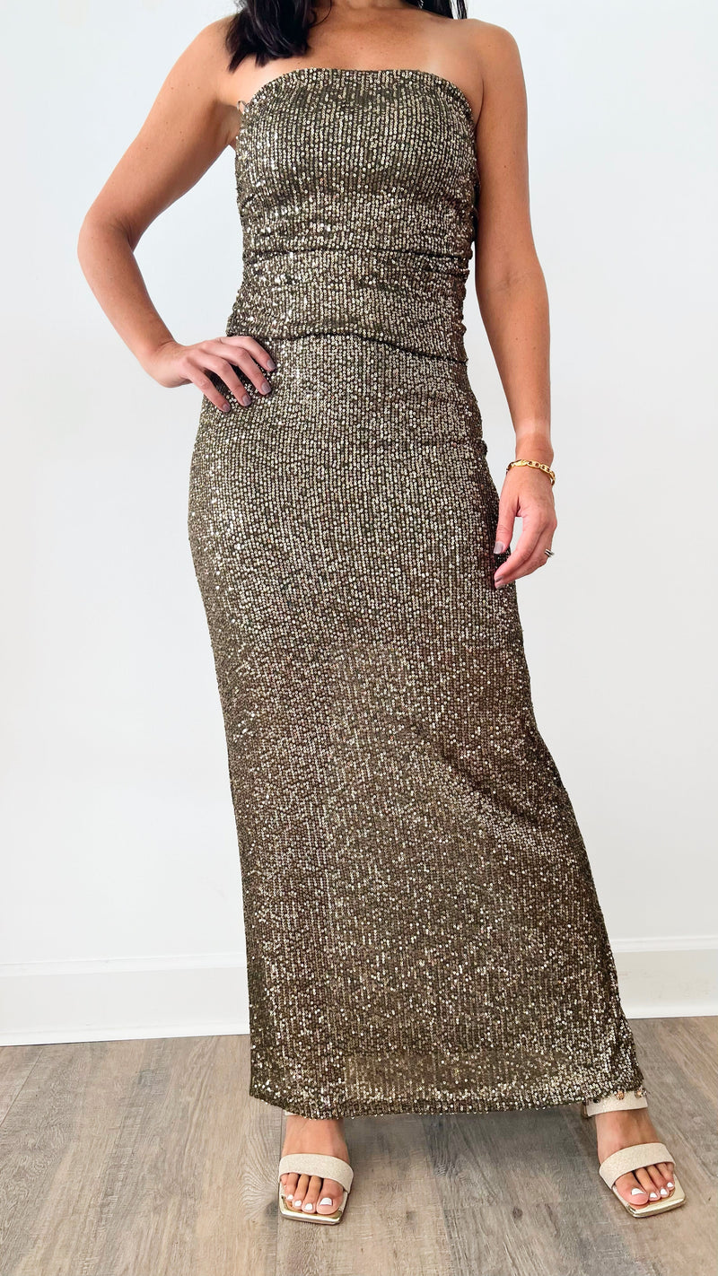 All Over Sequins Midi Skirt - Olive-170 Bottoms-MISS LOVE-Coastal Bloom Boutique, find the trendiest versions of the popular styles and looks Located in Indialantic, FL