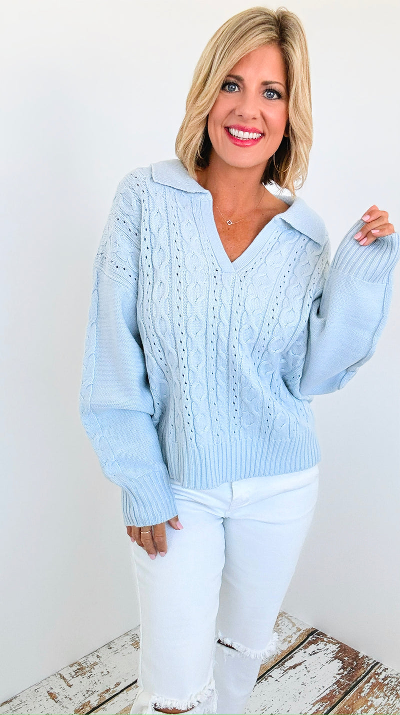 Spring Blue Crochet Collared Sweater-140 Sweaters-Rousseau-Coastal Bloom Boutique, find the trendiest versions of the popular styles and looks Located in Indialantic, FL