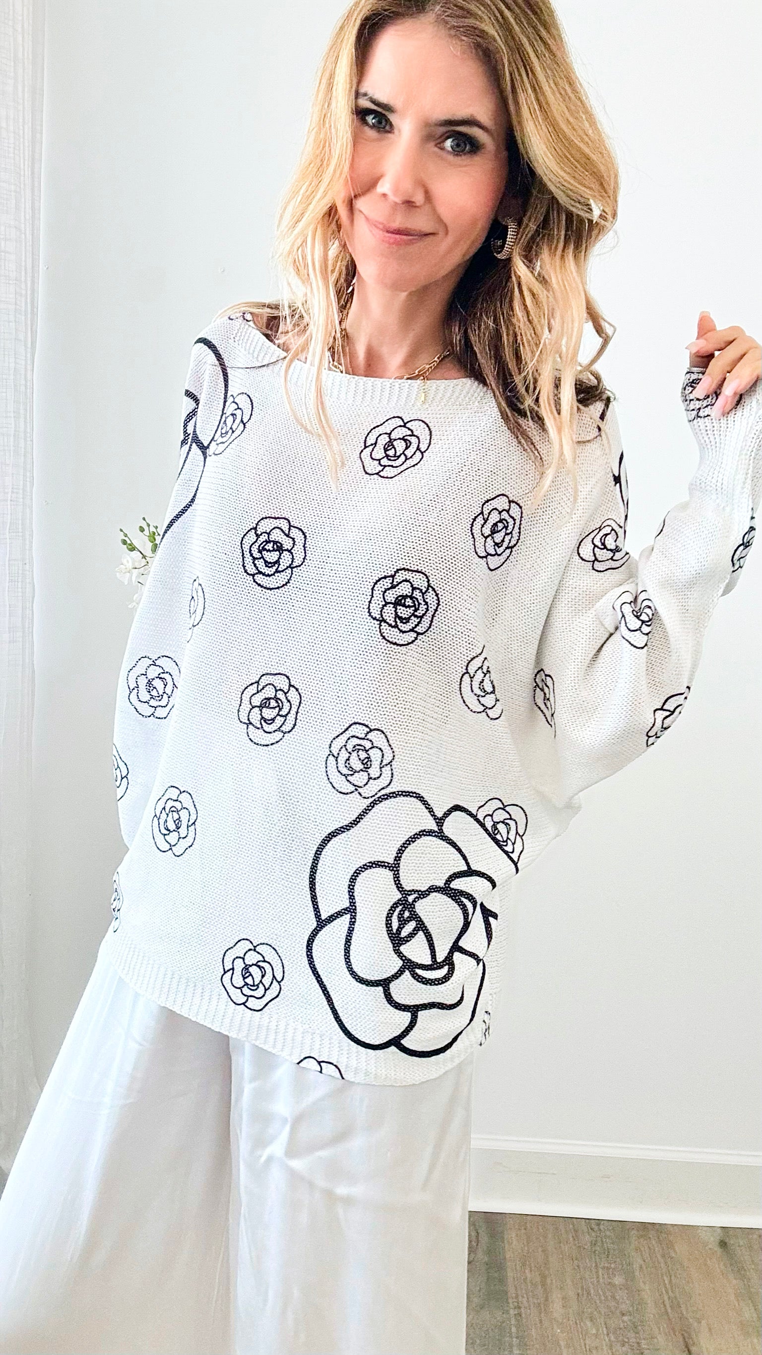 Classic Noir Petals Italian St Tropez Sweater - White-140 Sweaters-Italianissimo-Coastal Bloom Boutique, find the trendiest versions of the popular styles and looks Located in Indialantic, FL