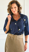Rhinestone Embroidered Blouse - Navy-130 Long Sleeve Tops-PASTEL DESIGN-Coastal Bloom Boutique, find the trendiest versions of the popular styles and looks Located in Indialantic, FL