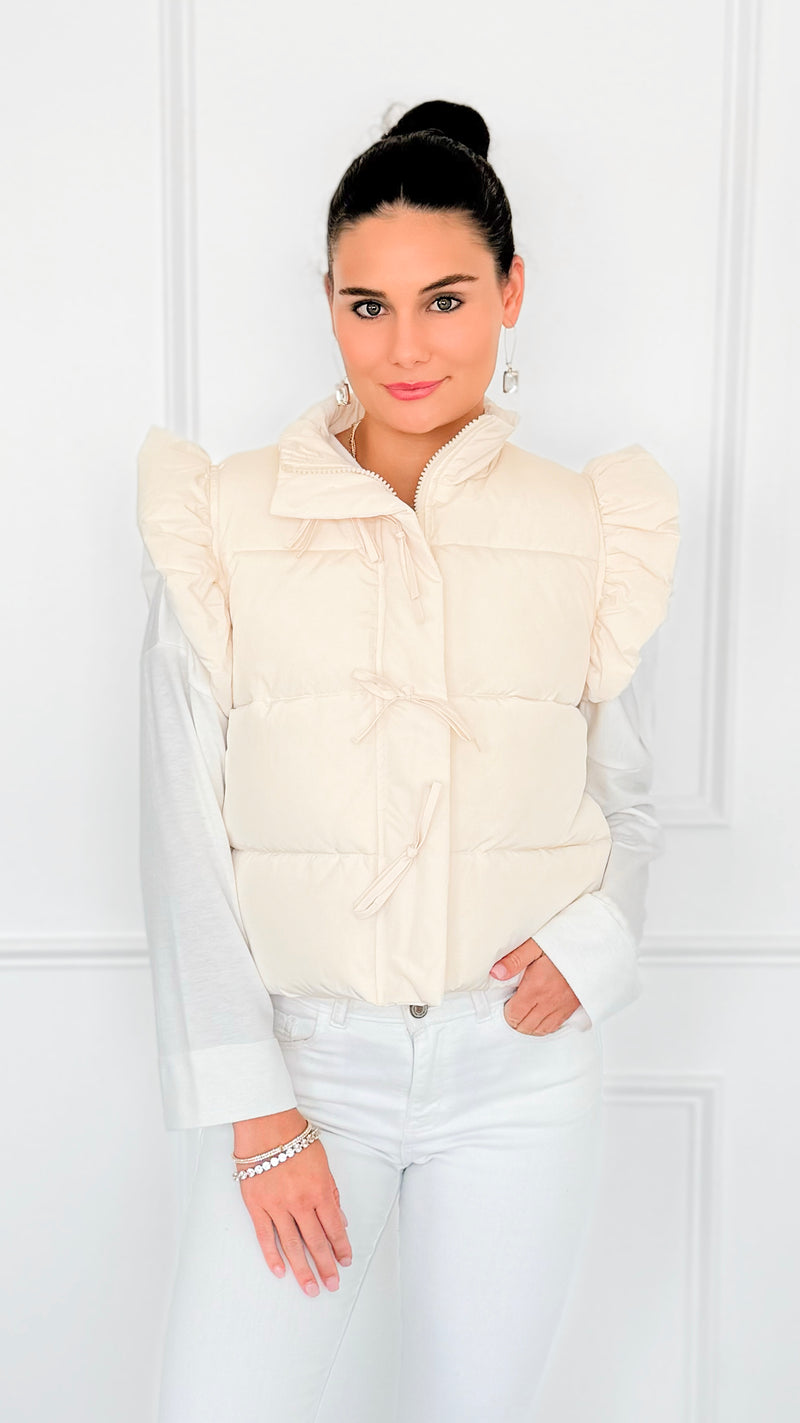 Ruffle & Ready Bow Puffer Vest - Cream-VEST-Jodifl-Coastal Bloom Boutique, find the trendiest versions of the popular styles and looks Located in Indialantic, FL