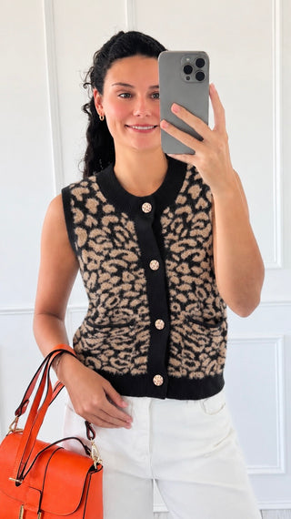 Leopard Print Button Front Sweater Vest