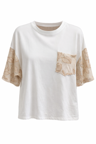 Amalfi Embellished Lace Italian Top- Taupe/ Off White