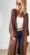 Sugar High Long Italian Cardigan - Chocolate-150 Cardigans/Layers-Germany-Coastal Bloom Boutique, find the trendiest versions of the popular styles and looks Located in Indialantic, FL