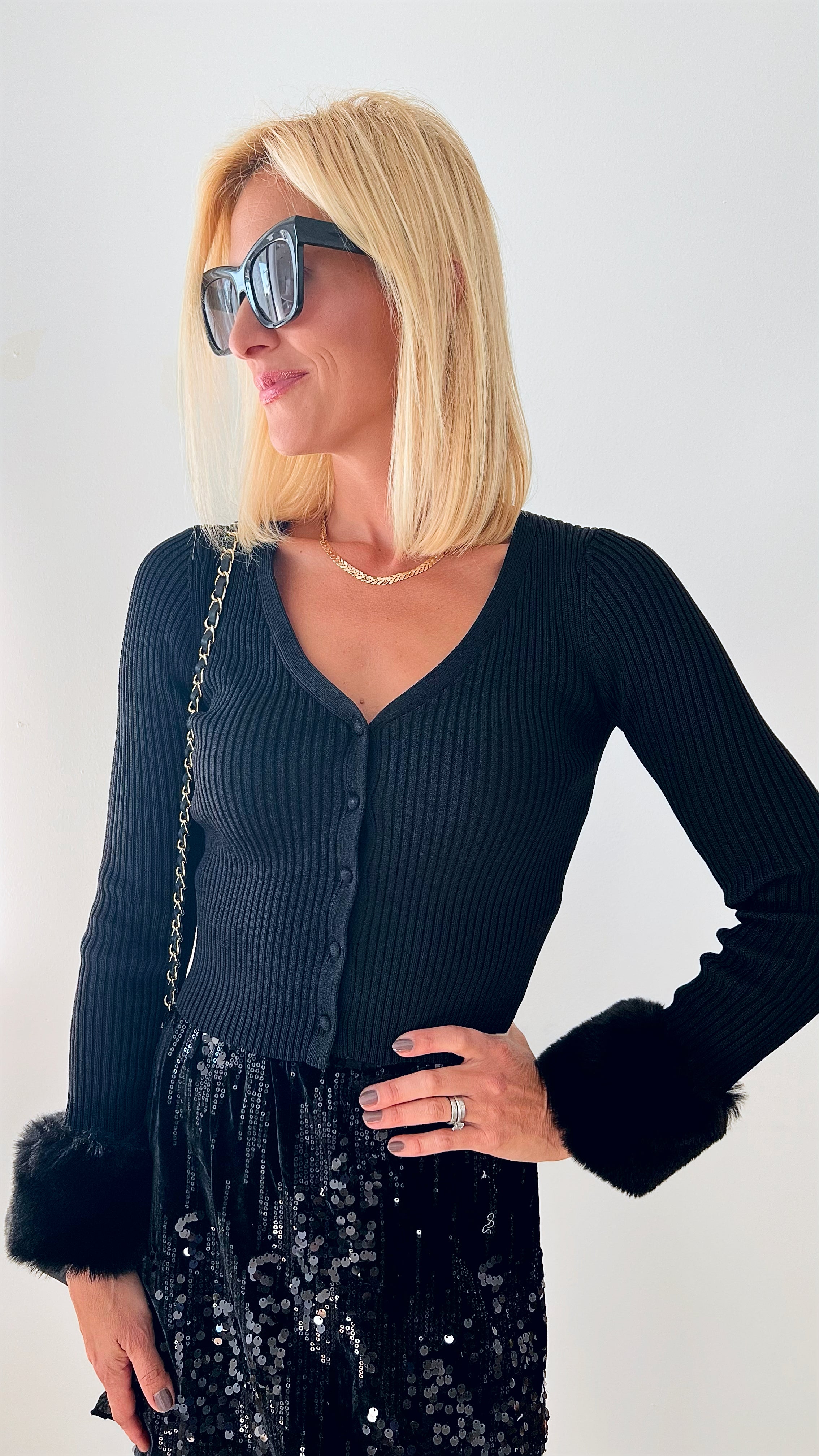 Faux Fur Cuffs Ribbed Cardigan - Black-140 Sweaters-MISS LOVE-Coastal Bloom Boutique, find the trendiest versions of the popular styles and looks Located in Indialantic, FL