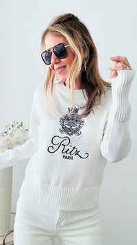 Paris Embroidery Knit Sweater - White-130 Long Sleeve Tops-Chasing Bandits-Coastal Bloom Boutique, find the trendiest versions of the popular styles and looks Located in Indialantic, FL