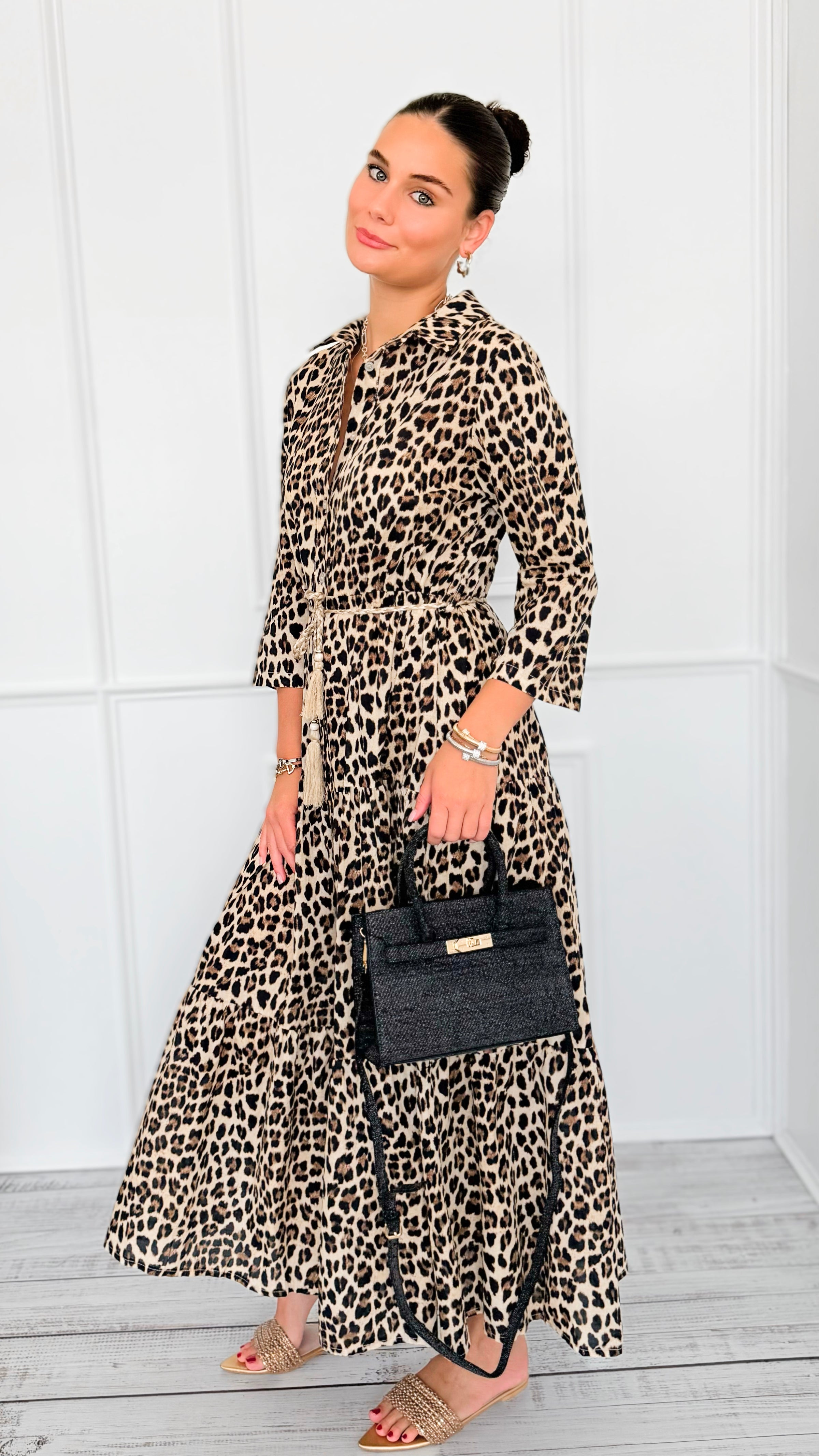 Leopard Paws Button Italian Long Dress-200 Dresses/Jumpsuits/Rompers-FH GROUP-Coastal Bloom Boutique, find the trendiest versions of the popular styles and looks Located in Indialantic, FL
