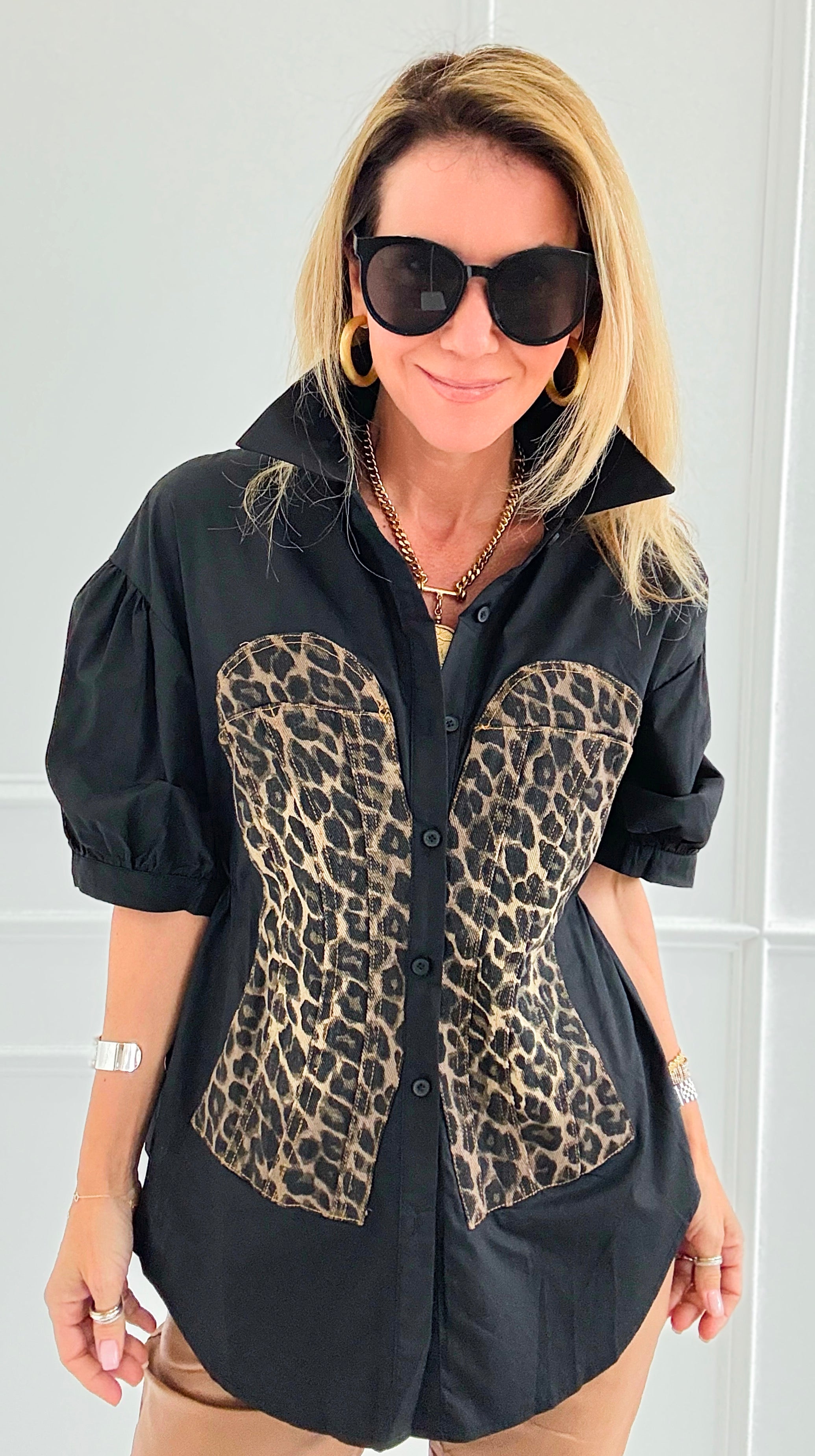 Run Wild Button-Up Blouse-Black-110 Short Sleeve Tops-7Mango7-Coastal Bloom Boutique, find the trendiest versions of the popular styles and looks Located in Indialantic, FL